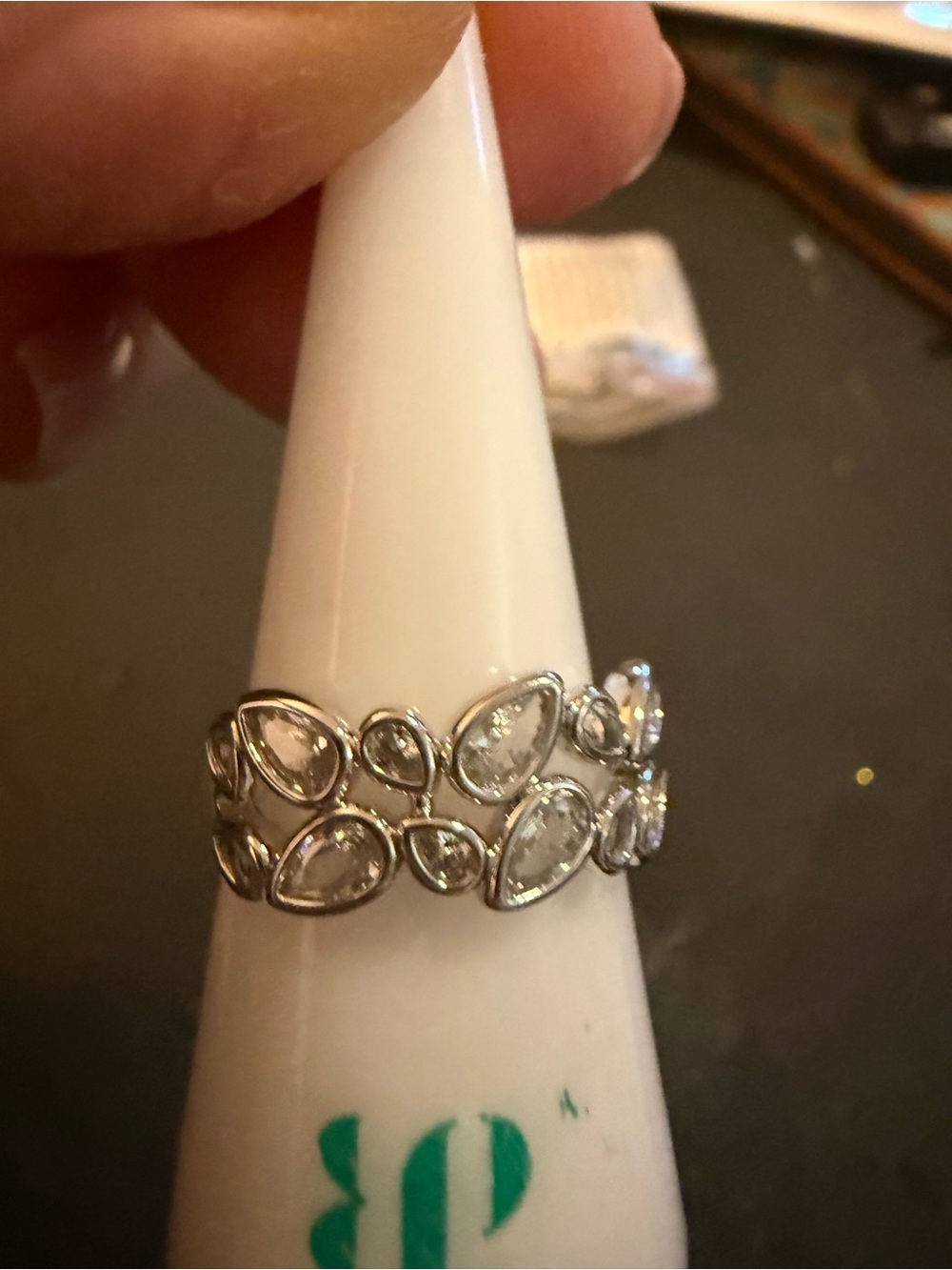 Rhodium Teardrop Crystal Band Ring - White